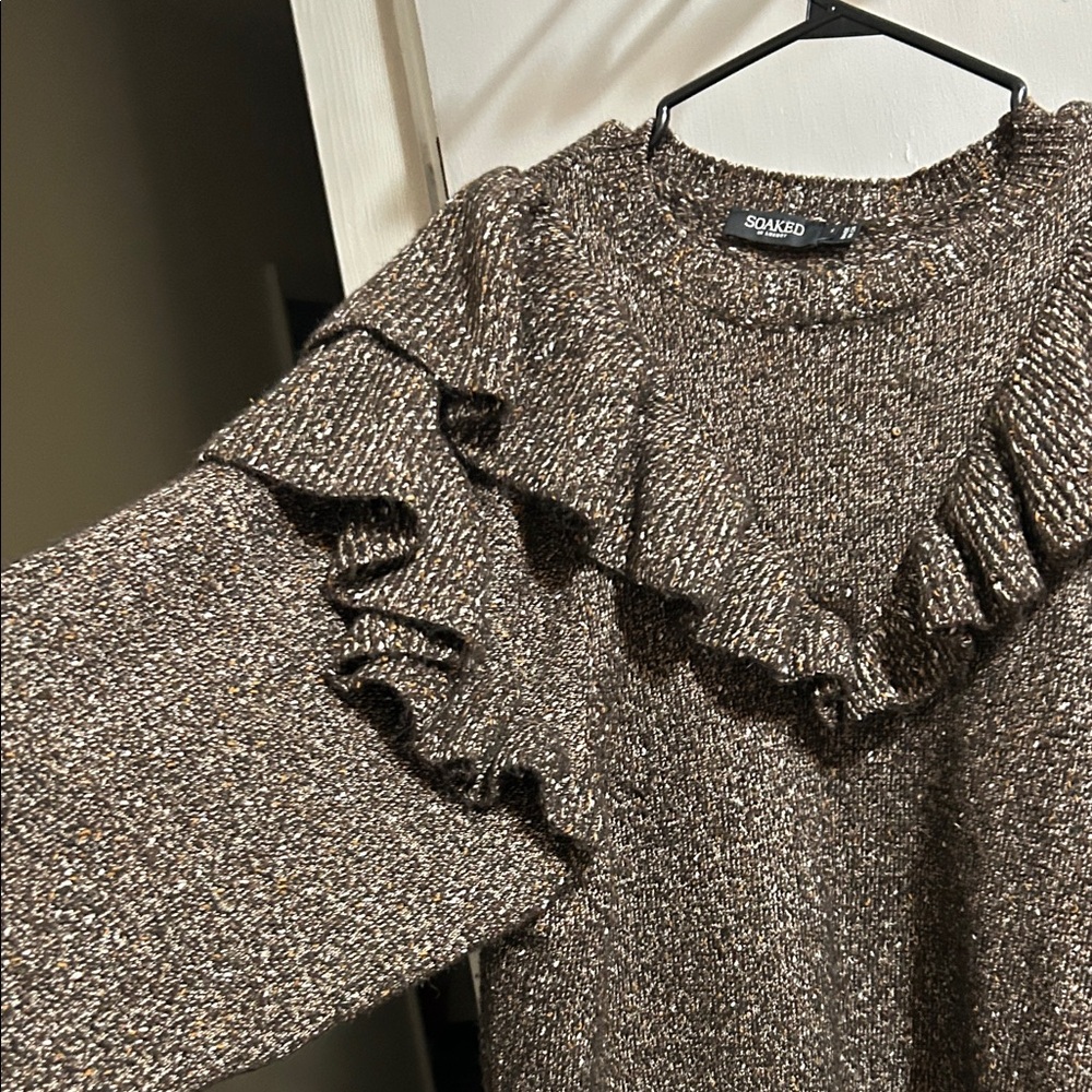 Solid Brown Ruffled Knit Sweater - Picture 3 of 9